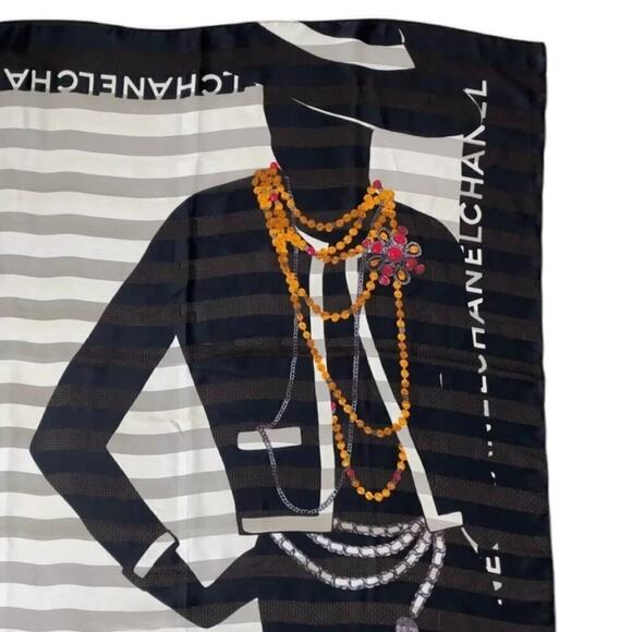 Chanel 80s Jewelry Madame Coco Black and Ecru Square Silk Scarf W/Box - Picture 2 of 16